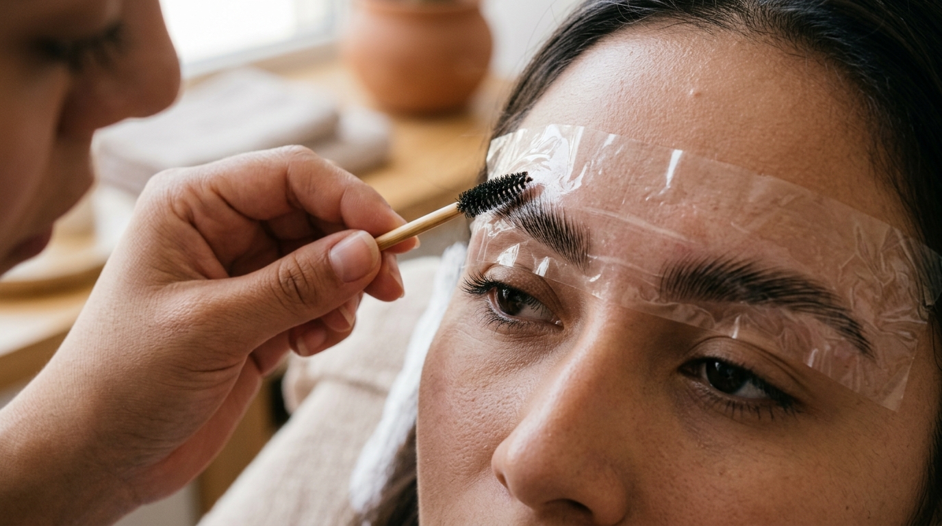 Cejas peinadas hacia arriba y cubiertas con film adhesivo para fijar la forma