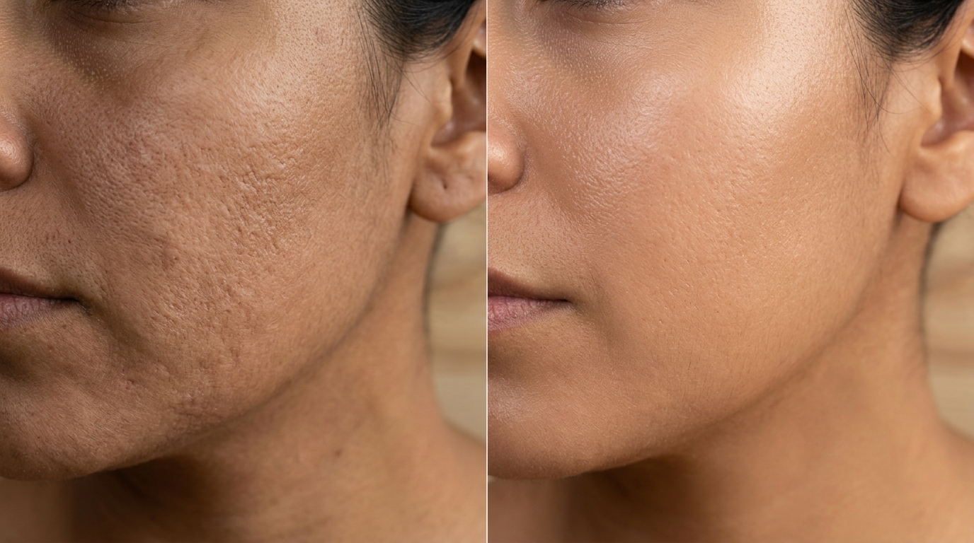 comparación lado a lado de piel opaca antes y piel luminosa después de mascarilla de papaya