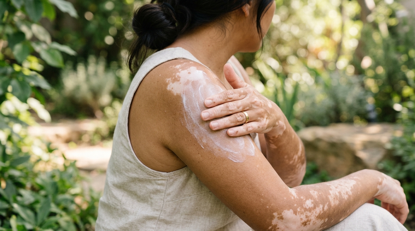 Mano aplicando protector solar en brazo con manchas blancas, luz natural difusa