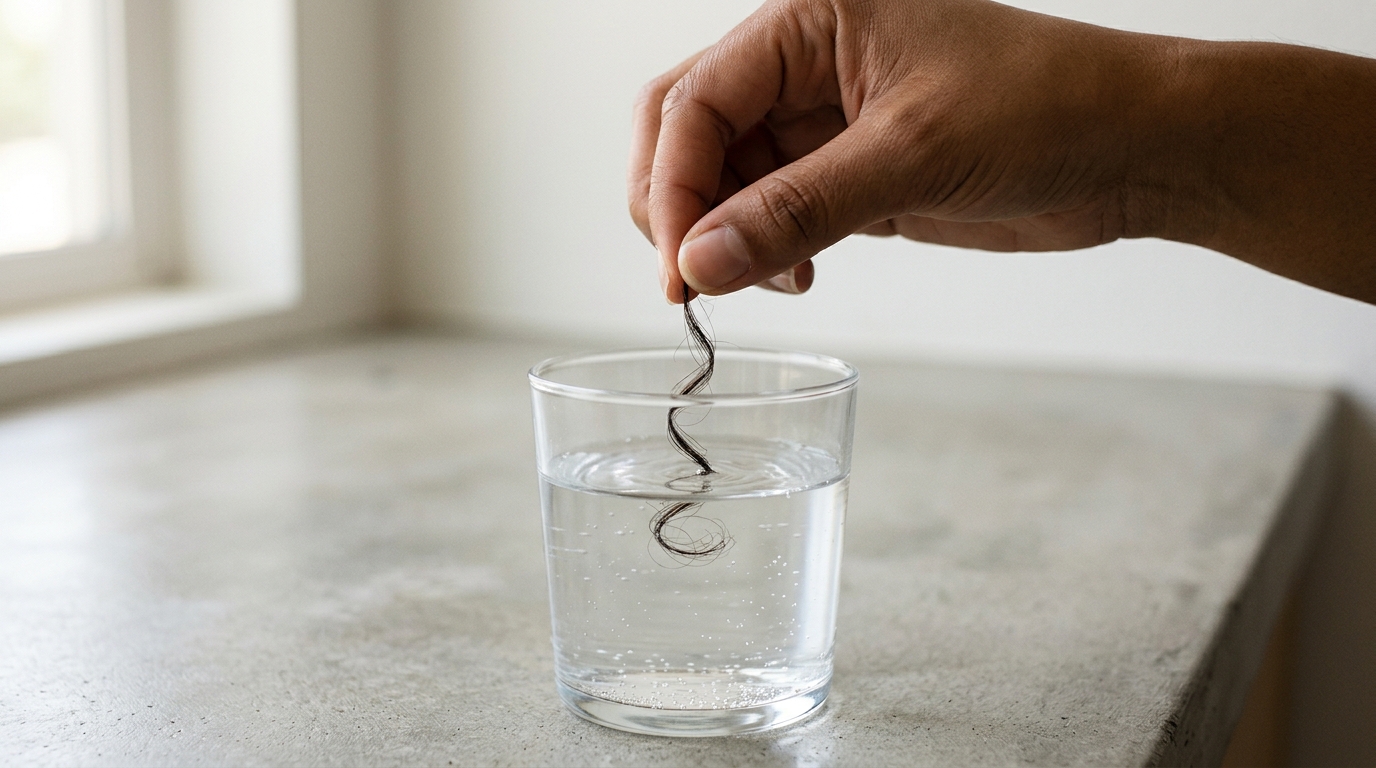 Mechón de cabello flotando en agua para prueba de porosidad capilar