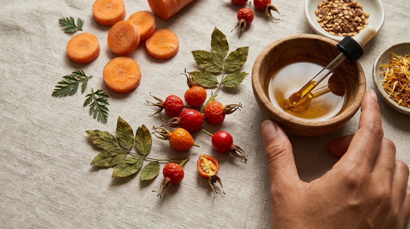 Ingredientes retinoides naturales: zanahoria, rosa mosqueta, aceite en cuenco