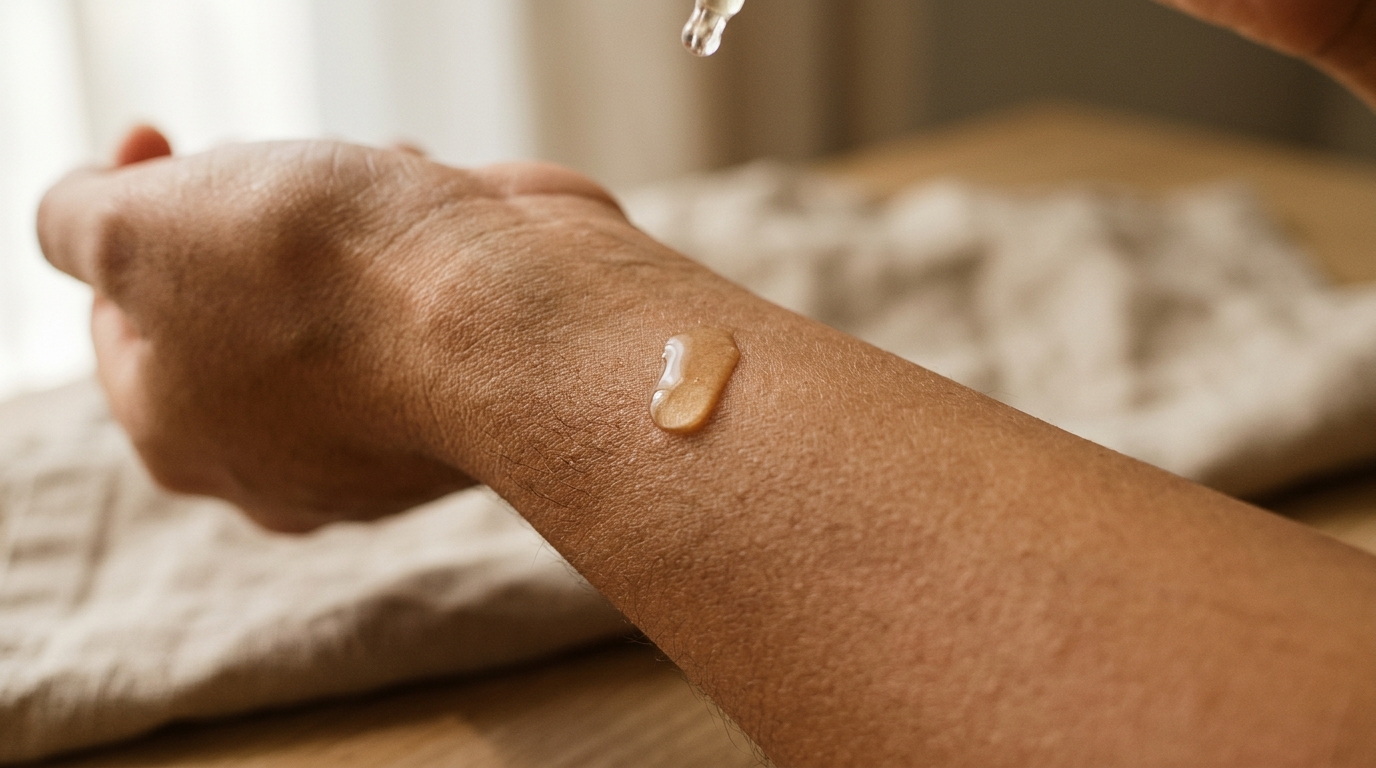 Gota de serum de retinol en piel latina, textura translúcida