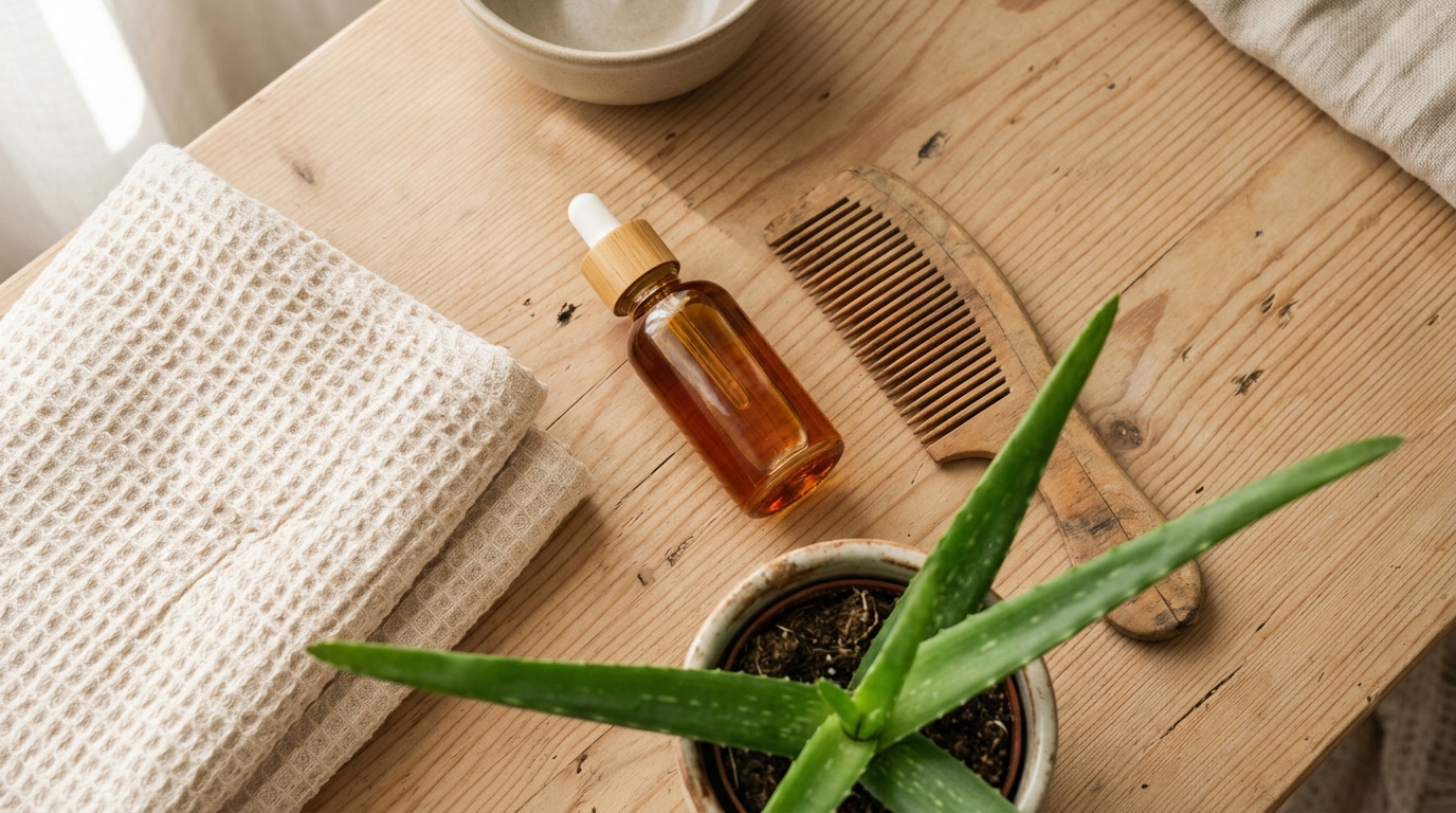 Frasco de aceite de jojoba, toalla de algodón, peine de madera y planta verde en ambiente de baño natural