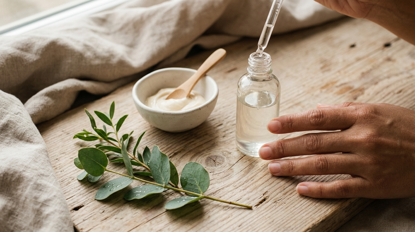 Productos de cuidado de piel con ácido hialurónico en ambiente sereno con luz natural