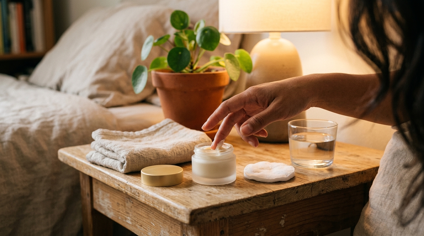 Rutina nocturna para ojeras: ambiente cálido con producto contorno, toalla limpia, luz suave