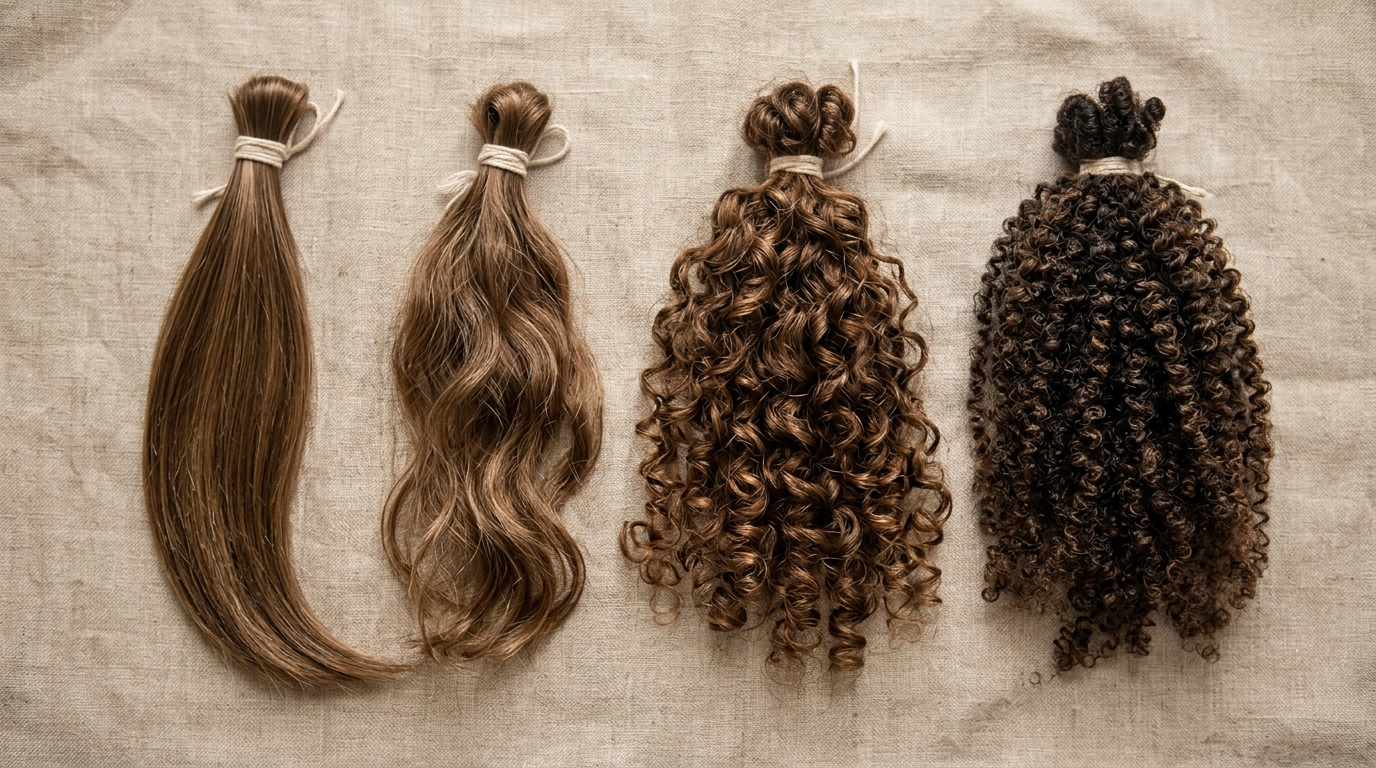 Cuatro muestras de cabello mostrando patrones: liso, ondulado, rizado y crespo