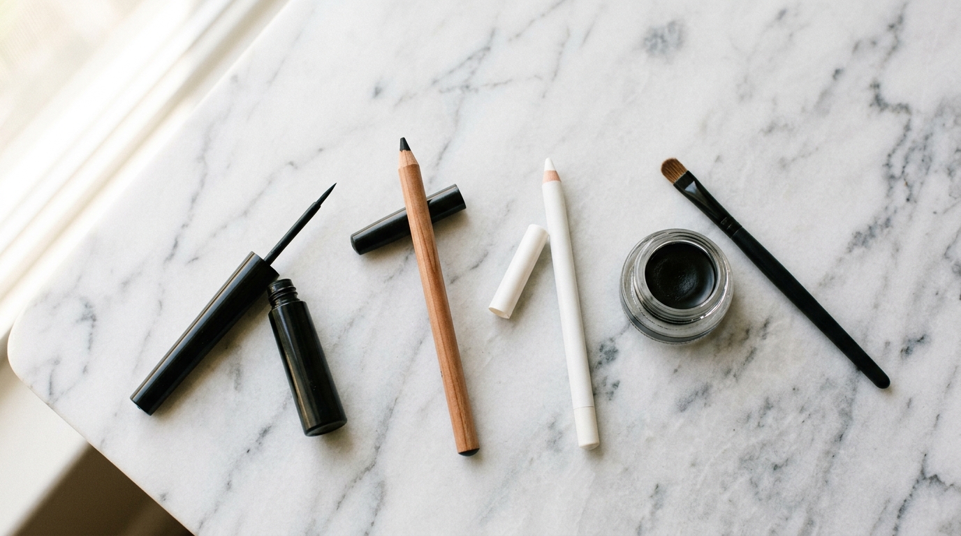 Cuatro tipos de delineadores: líquido, lápiz negro, kajal blanco y gel en pote