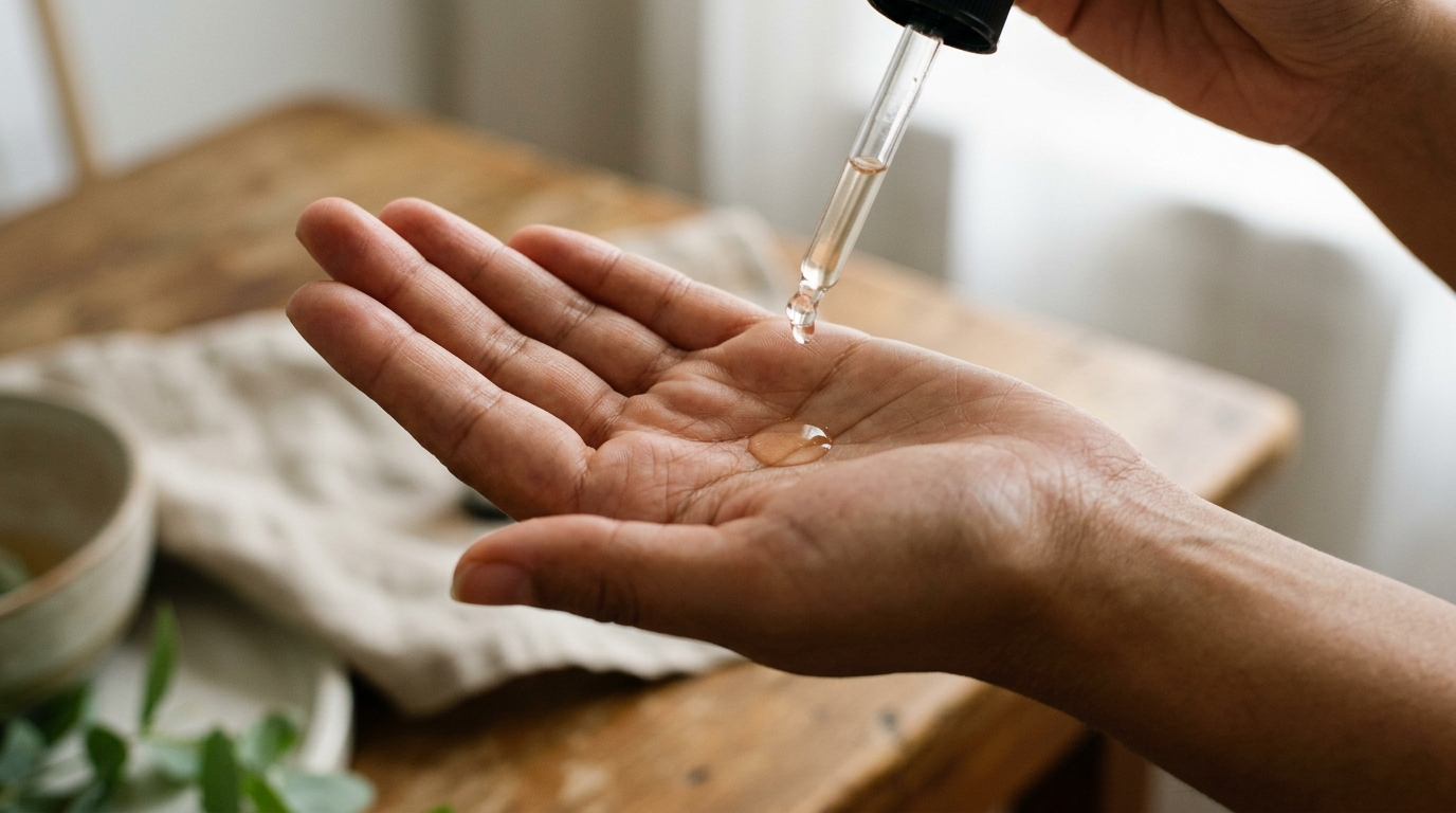 Suero con vitamina C en pipeta, gota sobre palma de mano