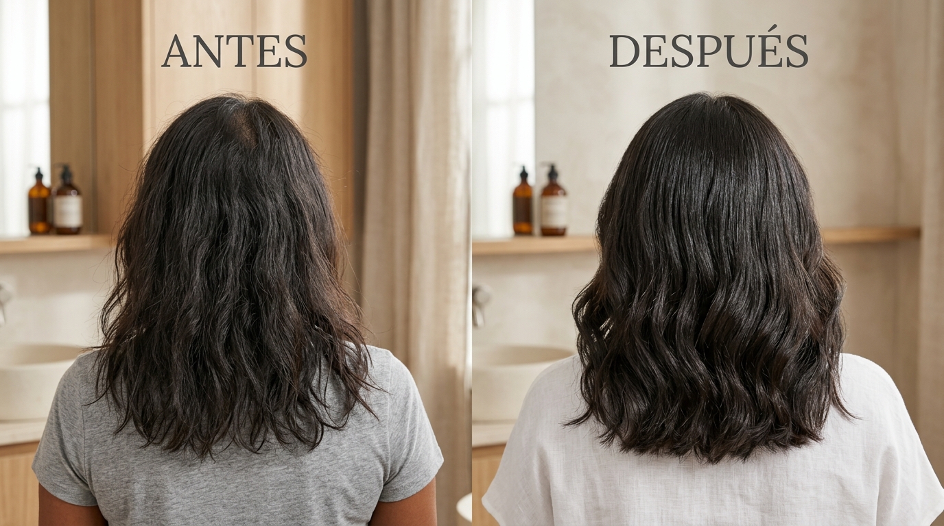 Comparación visual de cabello antes y después de 6 semanas de tratamiento con aceite de romero