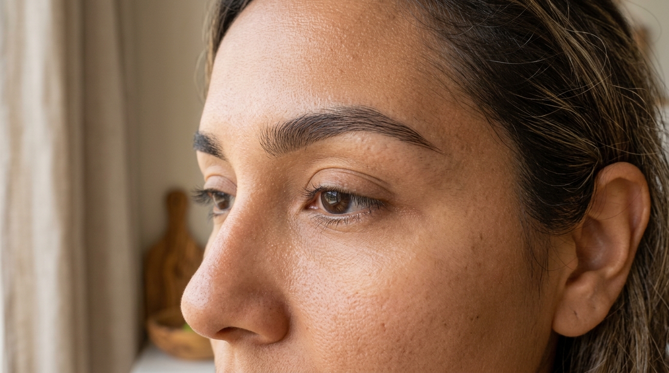 Ceja recta sin curva apreciable, estilo clean beauty minimalista