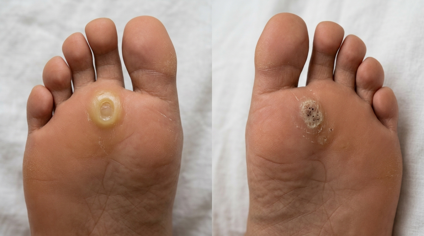 Comparación visual lado a lado de heloma versus verruga plantar en pie