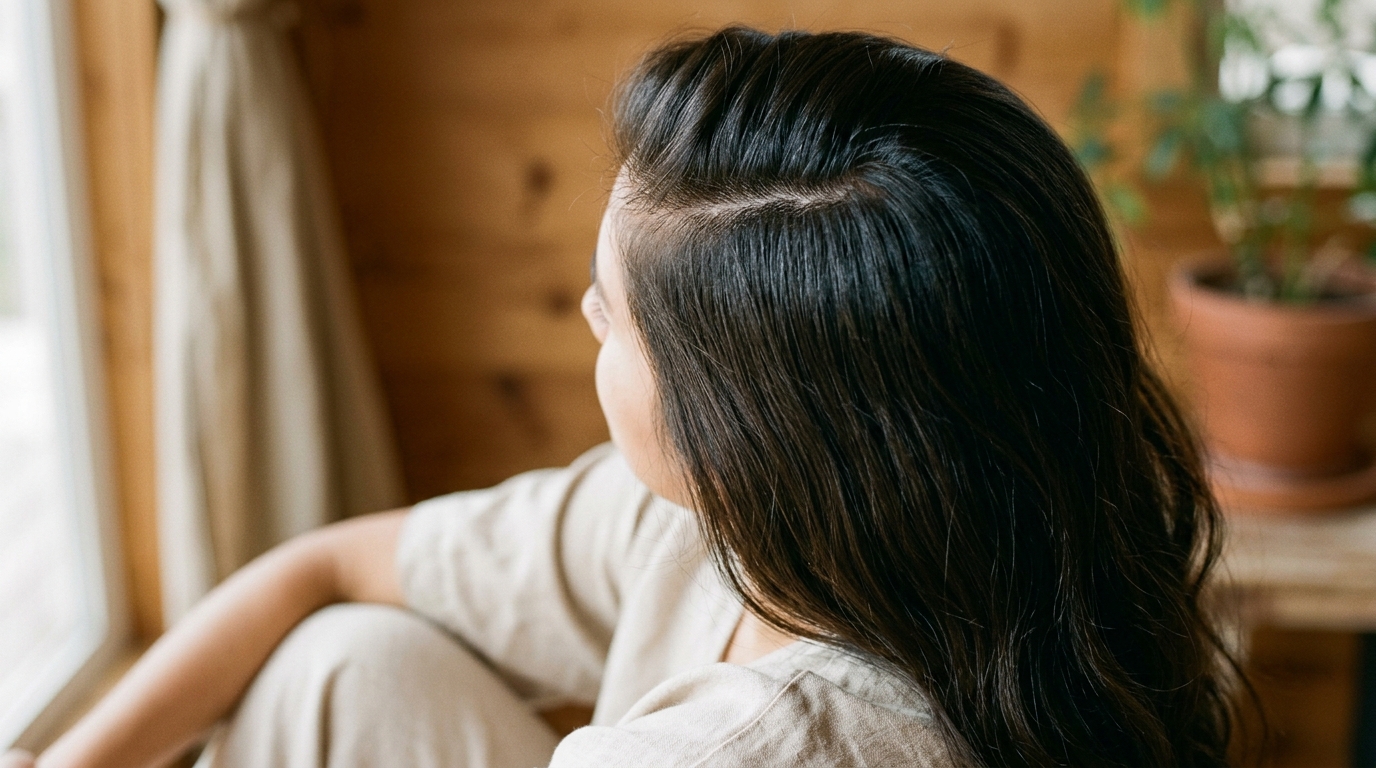 Detalle de cabello brillante y cuero cabelludo saludable visto desde atrás