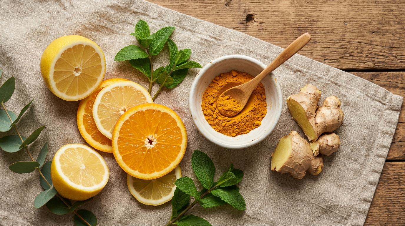 Cítricos y fuentes naturales de vitamina C junto a una representación del colágeno en la piel