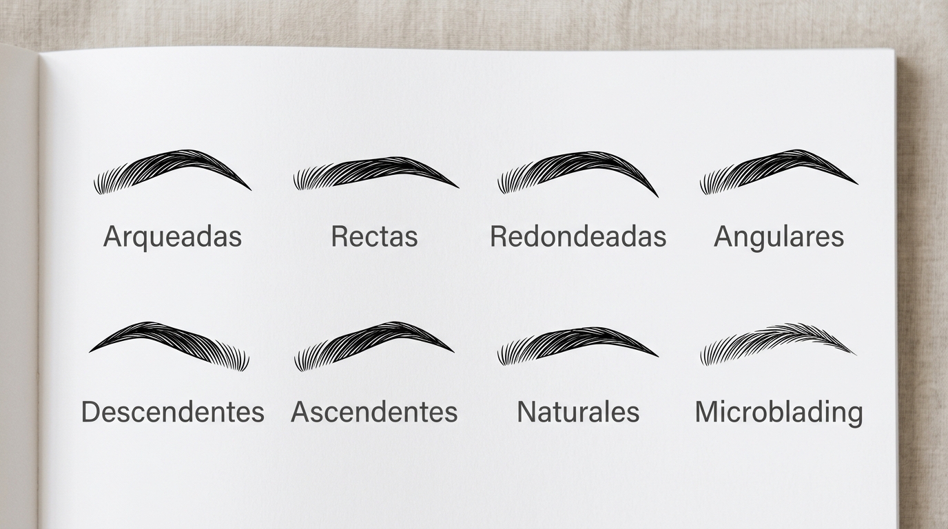 Ocho tipos de cejas etiquetados: arqueadas, rectas, redondeadas, angulares