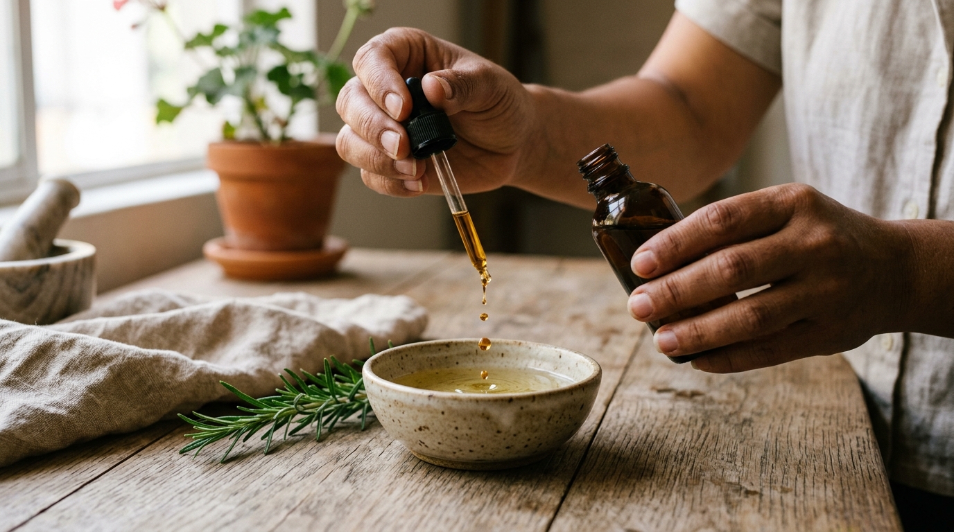 Cuenco de cerámica con aceite portador y gotero de aceite esencial de romero sobre superficie natural