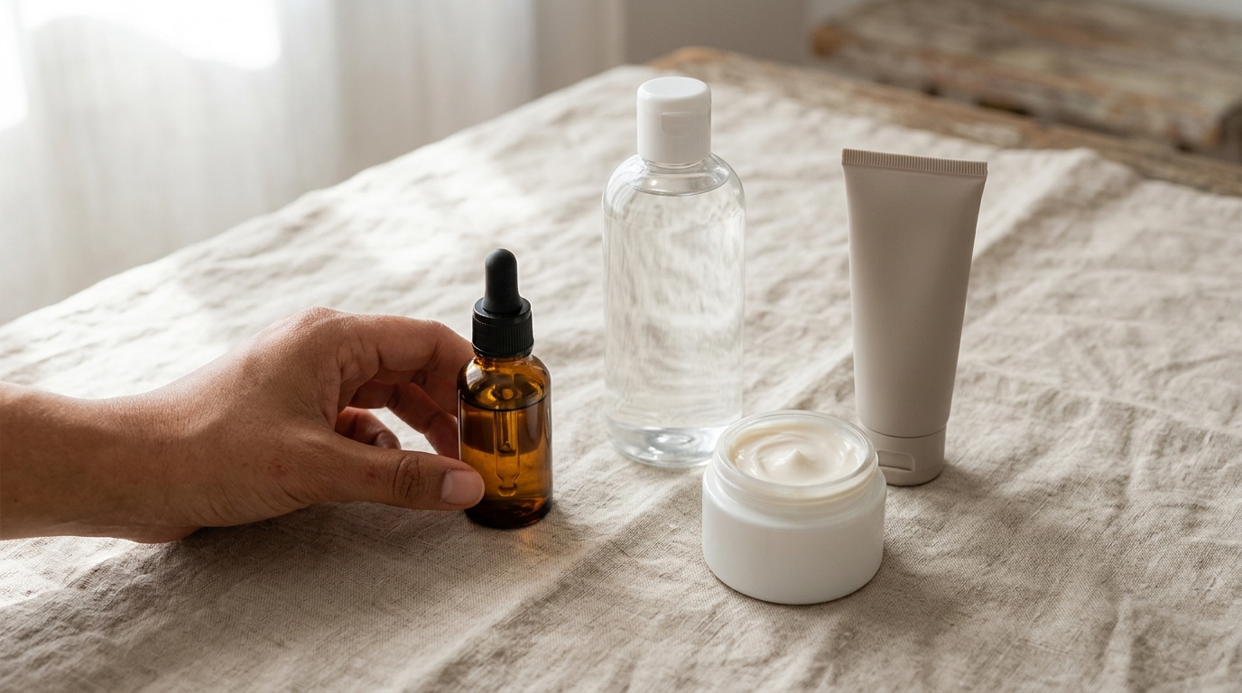Productos de cuidado de piel con vitamina C, sérum, tónico y protector solar organizados