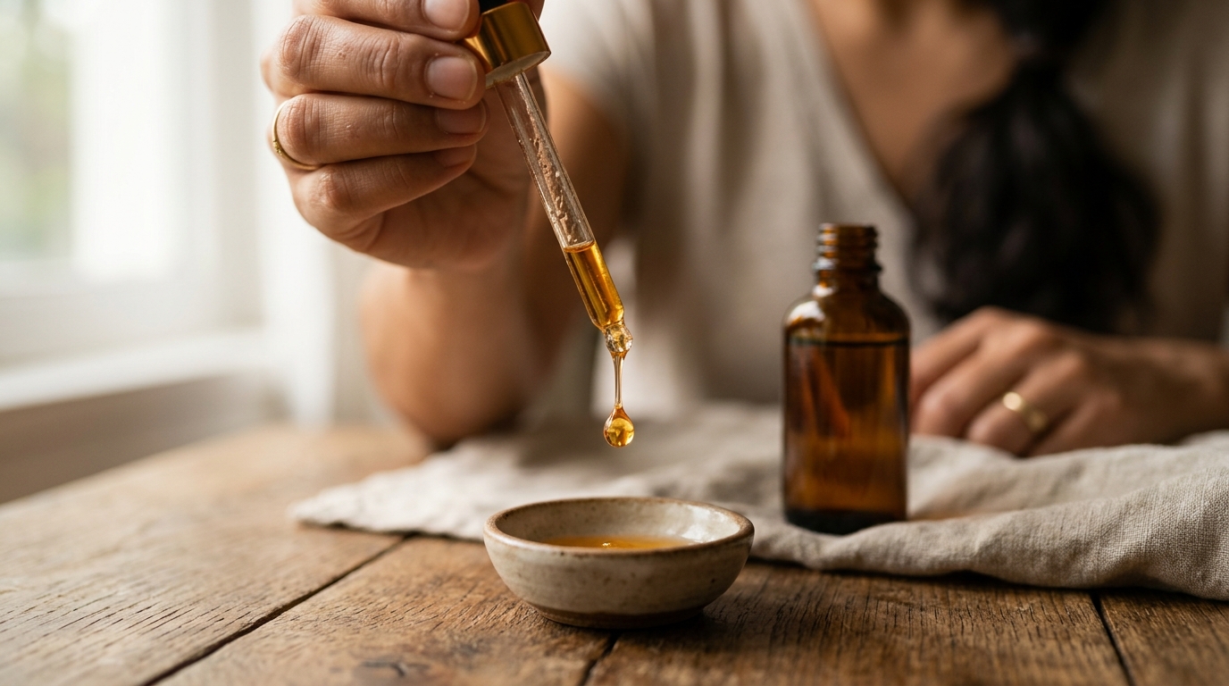 Frasco ámbar con sérum de vitamina C y pipeta con gota, luz natural