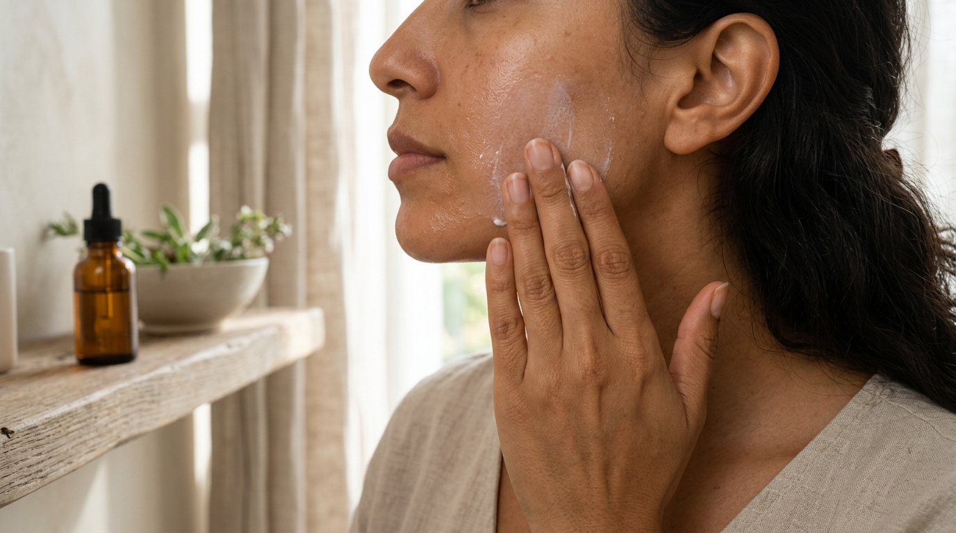 Mano aplicando protector solar después de sérum de vitamina C en rostro lateral